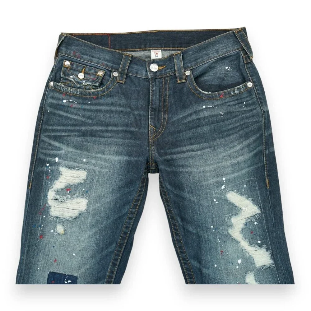 True Religion Men's Straight Paint Splatter Jeans‎ Patched Size 34